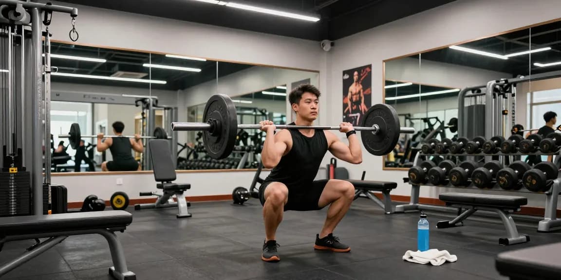 Bodybuilder im Steroidshop beim Training mit Langhantel für Muskelaufbau.