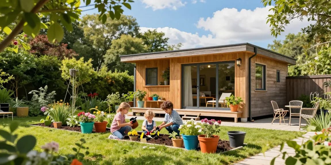 Garten Haus in schöner Gartenlandschaft mit glücklicher Familie beim Pflanzen von Blumen.