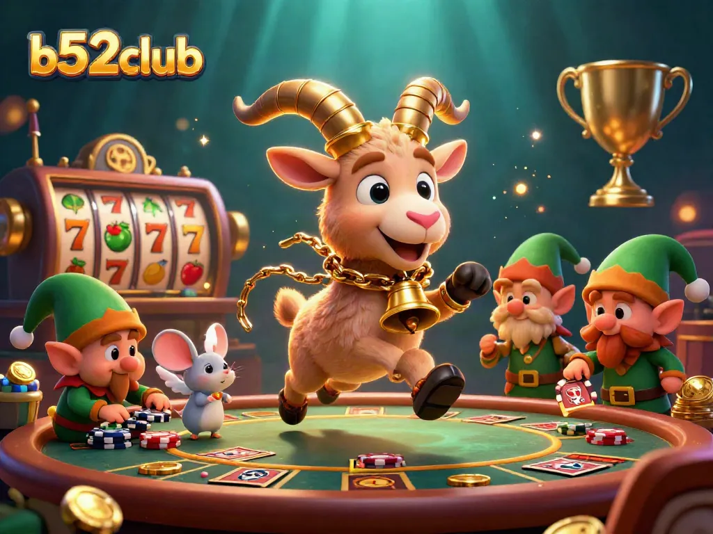 b52club enhances your gaming experience in a festive casino scene with a Krampus goat and playful gremlins.