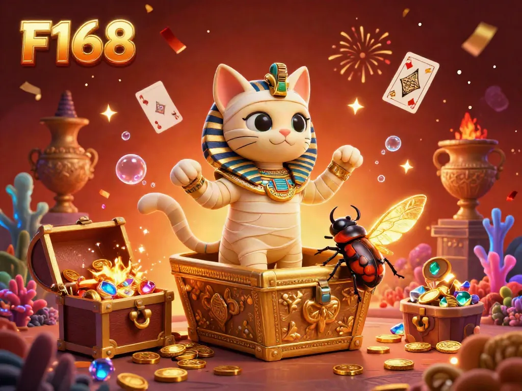 Experience the vibrant F168 casino scene with an Egyptian mummy cat and treasures galore.