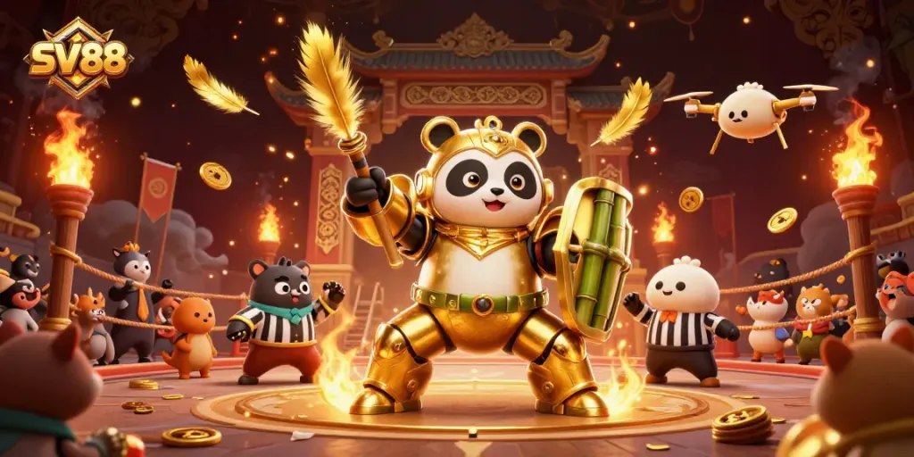 Engage with SV88 through epic gaming battles in a vibrant arena featuring golden panda and dynamic elements.