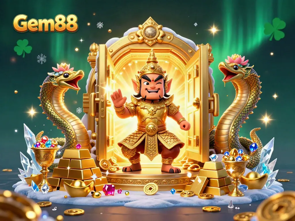 Gem88 showcases a vivid illustration with a Thai temple guardian, Naga serpents, and treasures, radiating excitement.