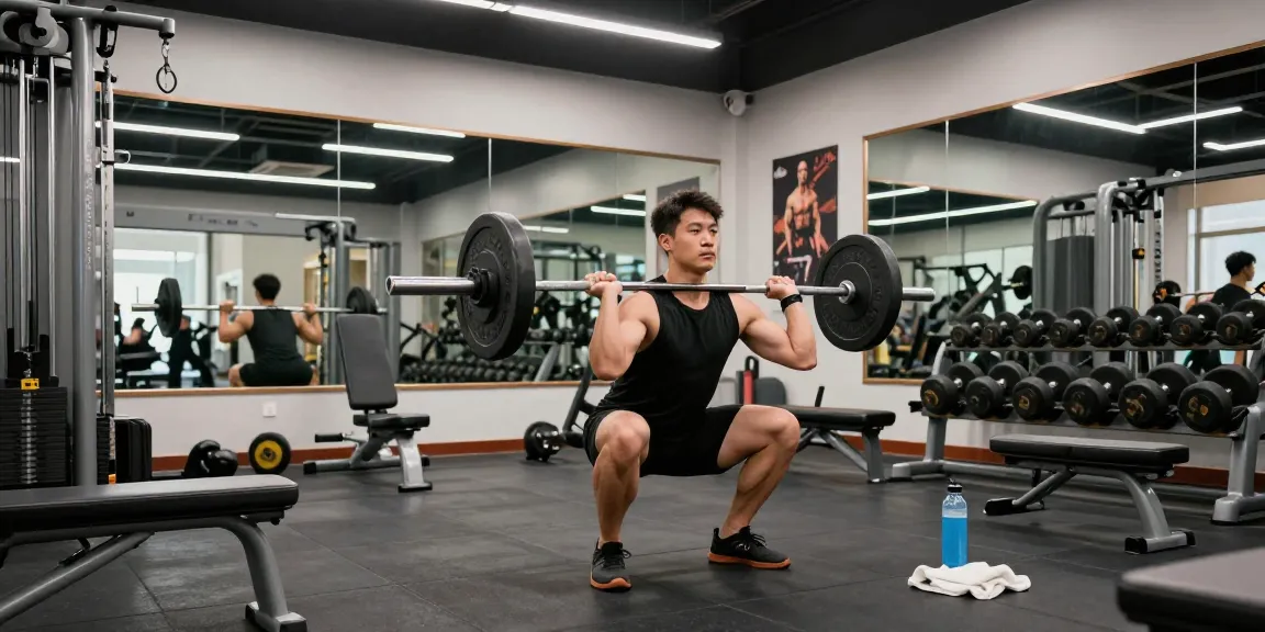 Bodybuilder im Steroidshop beim Training mit Langhantel für Muskelaufbau.