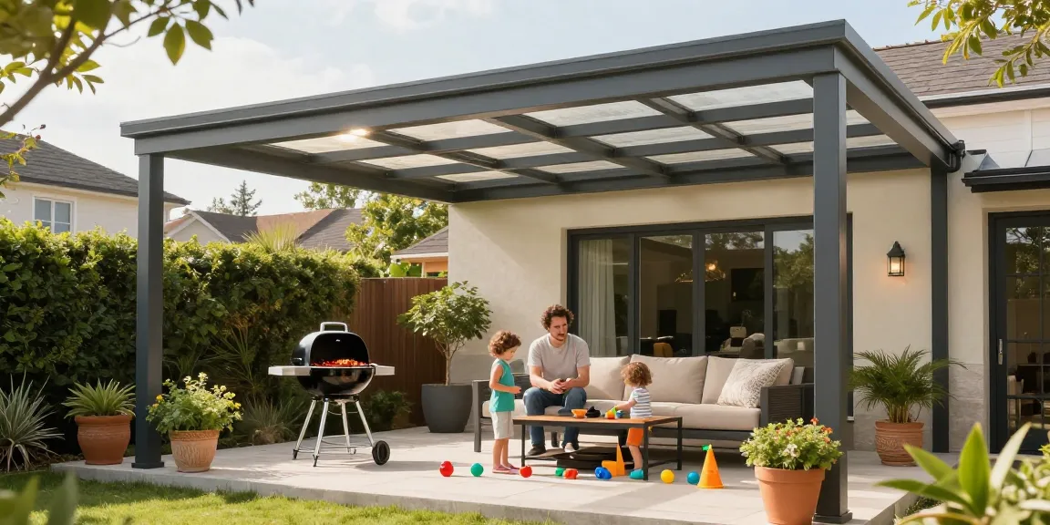 Familie genießt einen sonnigen Tag unter einer modernen Terrassenüberdachung.