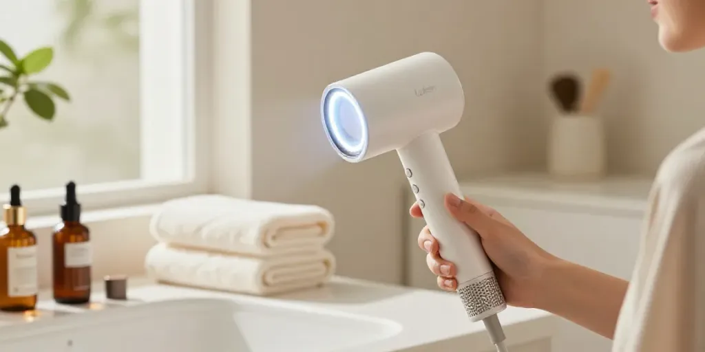 Das Bild zeigt einen Benutzer, der einen Laifen Föhn in einem eleganten Badezimmer verwendet, umgeben von luxuriösen Pflegeprodukten.