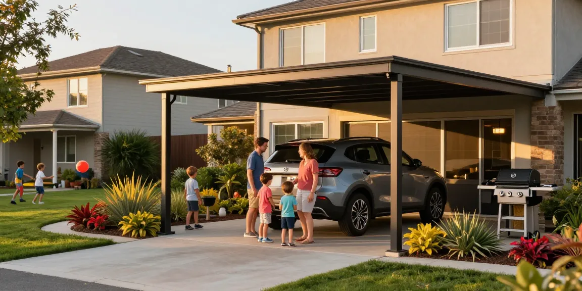 Moderne Carport-Lösung im Familiengarten mit spielenden Kindern.