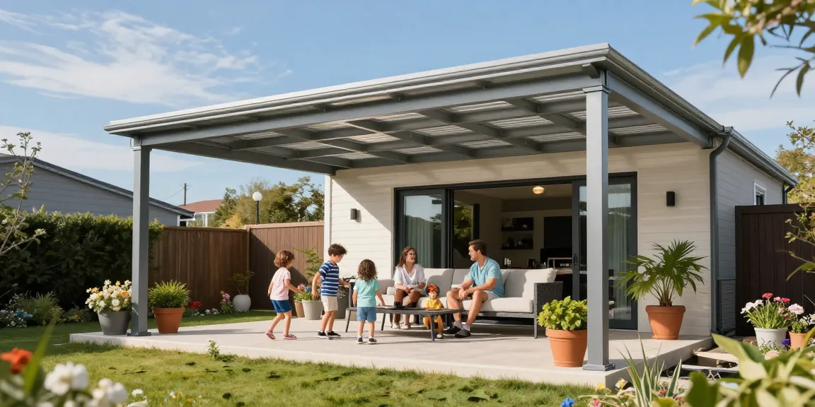 Moderne Terrassenüberdachungen im Garten mit Familie, stilvolles Design und entspannte Atmosphäre.