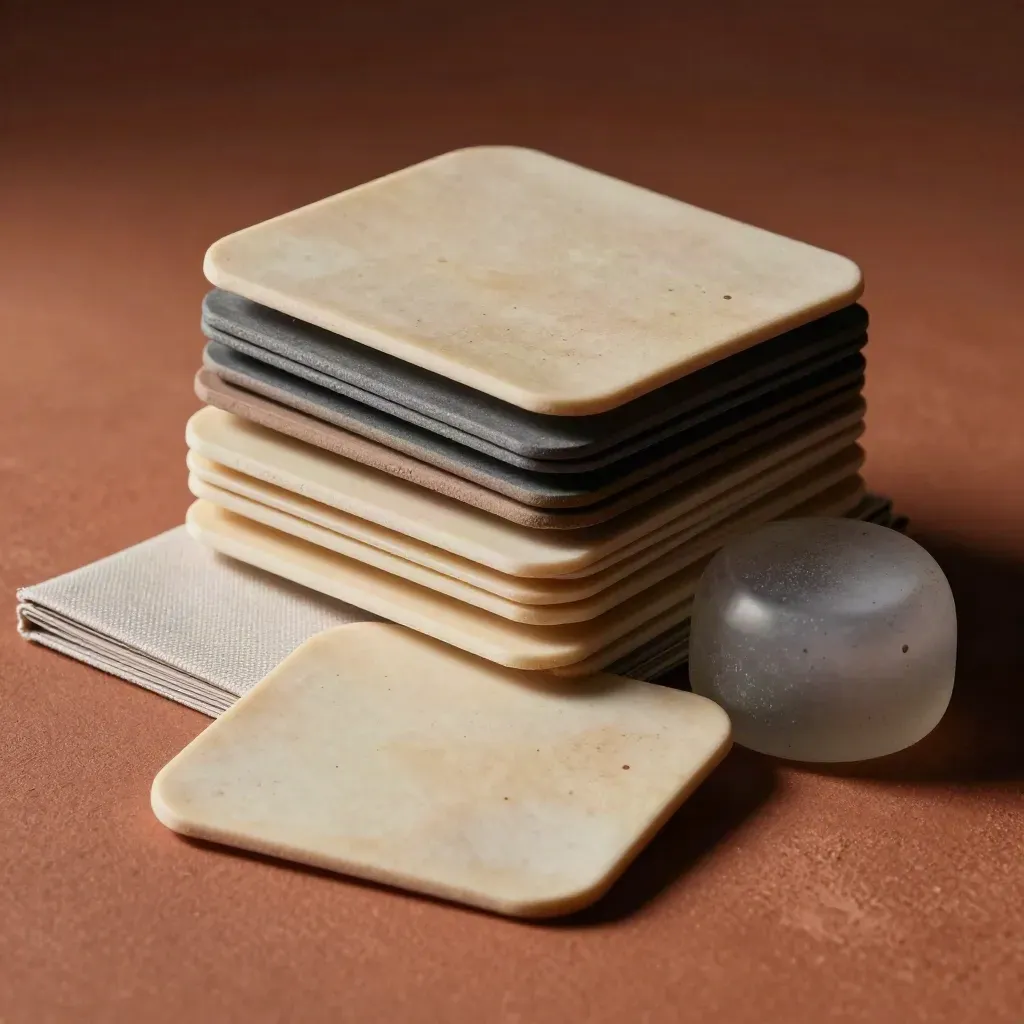 Materialproben, Klammer, Ordnerspange und Papiergewicht auf terrakottafarbener Fläche.
