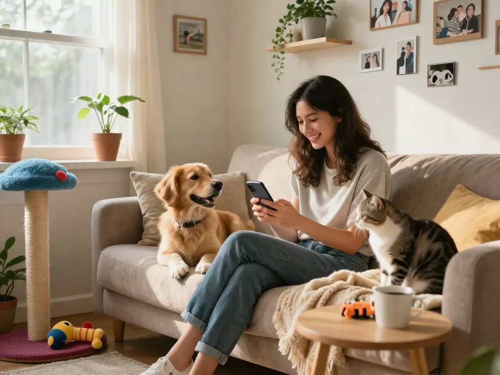 Engaging moment of pet owner sharing tips in the ROKOK88 APK community, surrounded by a playful dog and cat.