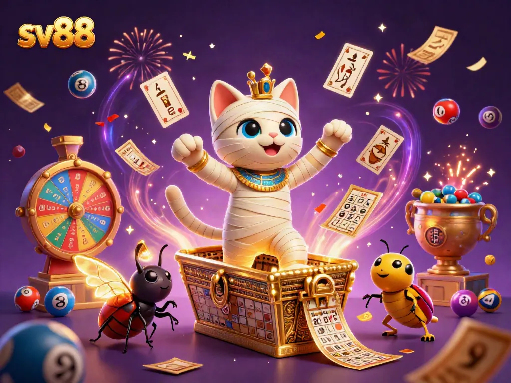 Experience sv88 gaming excitement with an Egyptian mummy cat and scarab beetle in a vibrant casino setting.