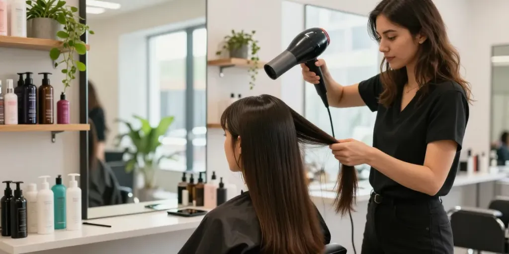 Professioneller Einsatz eines Ionen-Haartrockners im modernen Friseursalon.