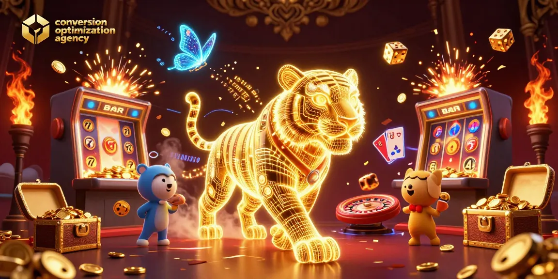 Engaging scene of a conversion optimization agency in a digital casino with jackpot elements, showcasing vibrant gaming action.