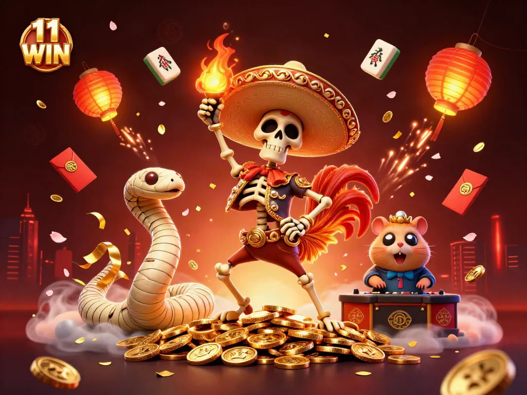 Celebrate wins in style with 11 WIN featuring a mariachi rooster, mummy snake, and DJ hamster amidst vibrant casino elements.