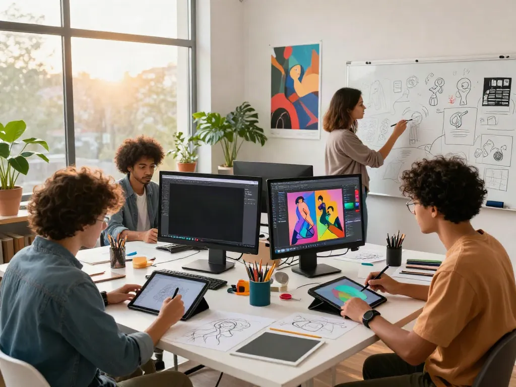 Creative scene of artists designing 18+ ai digital art in a bright studio