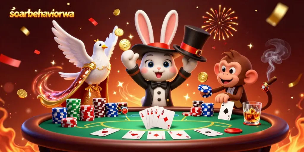 Engage with soarbehaviorwa through a magical casino scene featuring a magician rabbit, dove, and monkey amidst vibrant poker elements.
