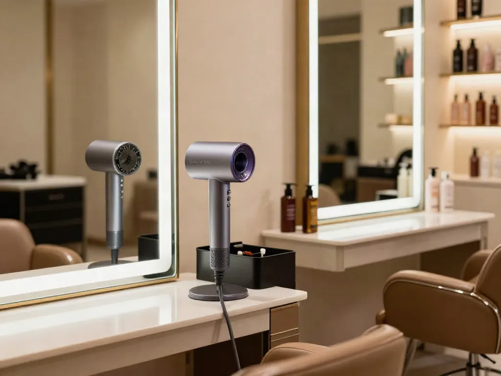 Laifen Air Pro Haartrockner gegen Frizz in einem modernen Friseursalon, stilvoll und elegant.