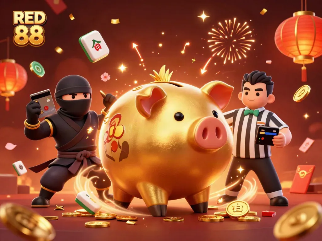 Experience the excitement of RED 88 with vibrant casino elements and dynamic characters in action.
