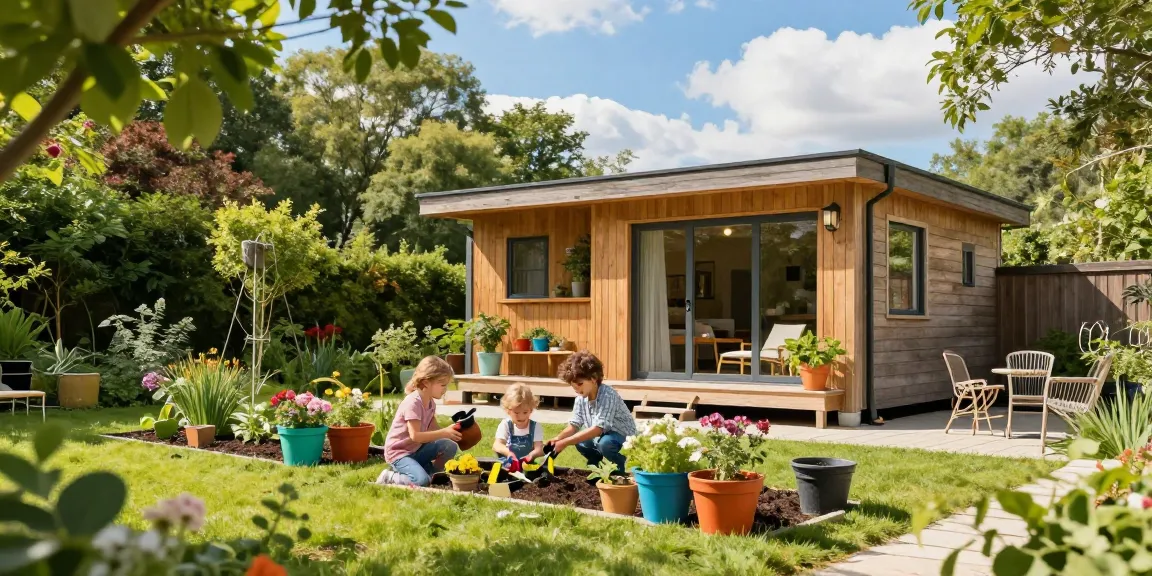 Garten Haus in schöner Gartenlandschaft mit glücklicher Familie beim Pflanzen von Blumen.